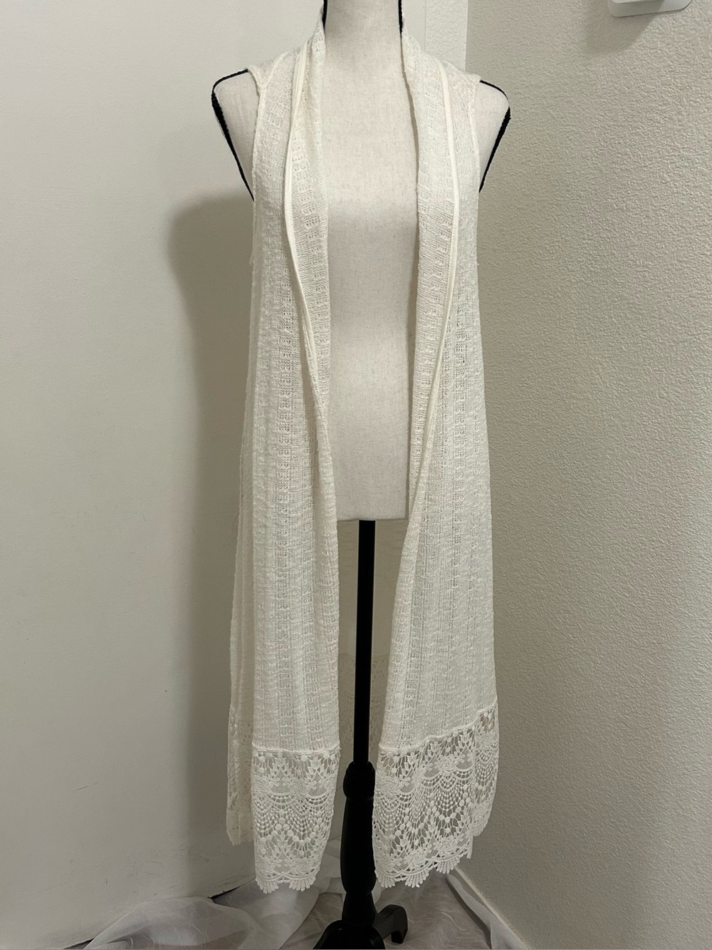 Knit Sleeveless Duster Cardigan Chic Vest Lace Trim M Festival Boho Hippie